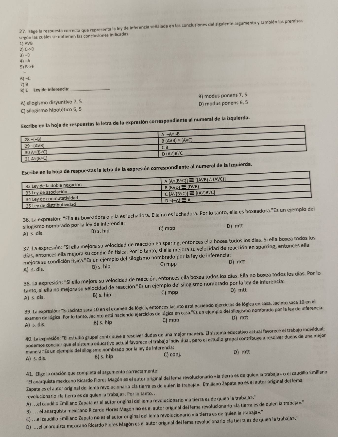 Elige la respuesta correcta que representa la ley de inferencia señalada en las conclusiones del siguiente argumento y también las premisas
según las cuáles se obtienen las conclusiones indicadas.
1) AVB
2) C->D
3) →D
4) ¬A
5) B->E
6) ¬C
7) B
8) E Ley de inferencia:_
A) silogismo disyuntivo 7, 5 B) modus ponens 7, 5
C) silogismo hipotético 6, 5 D) modus ponens 6, 5
tra de la expresión correspondiente al numeral de la izquierda.
etra de la expresión correspondiente al numeral de la izquierda.
36. La expresión: “Ella es boxeadora o ella es luchadora. Ella no es luchadora. Por lo tanto, ella es box
silogismo nombrado por la ley de inferencia:
A) s. dis. B) s. hip
C) mpp D) mtt
37. La expresión: “Si ella mejora su velocidad de reacción en sparing, entonces ella boxea todos los días. Si ella boxea todos los
días, entonces ella mejora su condición física. Por lo tanto, si ella mejora su velocidad de reacción en sparring, entonces ella
mejora su condición física."Es un ejemplo del silogismo nombrado por la ley de inferencia:
A) s. dis. B) s. hip C) mpp
D) mtt
38. La expresión: “Si ella mejora su velocidad de reacción, entonces ella boxea todos los días. Ella no boxea todos los días. Por lo
tanto, si ella no mejora su velocidad de reacción.”Es un ejemplo del silogismo nombrado por la ley de inferencia:
A) s. dis. B) s. hip C) mpp
D) mtt
39. La expresión: “Si Jacinto saca 10 en el examen de lógica, entonces Jacinto está haciendo ejercicios de lógica en casa. Jacinto saca 10 en el
examen de lógica. Por lo tanto, Jacinto está haciendo ejercicios de lógica en casa.”Es un ejemplo del silogismo nombrado por la ley de inferencia:
A) s. dis. B) s. hip C) mpp D) mtt
40. La expresión: “El estudio grupal contribuye a resolver dudas de una mejor manera. El sistema educativo actual favorece el trabajo individual;
podemos concluir que el sistema educativo actual favorece el trabajo individual, pero el estudio grupal contribuye a resolver dudas de una mejor
manera.”Es un ejemplo del silogismo nombrado por la ley de inferencia:
A) s. dis. B) s. hip C) conj. D) mtt
41. Elige la oración que completa el argumento correctamente:
“El anarquista mexicano Ricardo Flores Magón es el autor original del lema revolucionario «la tierra es de quien la trabaja» o el caudillo Emiliano
Zapata es el autor original del lema revolucionario «la tierra es de quien la trabaja». Emiliano Zapata no es el autor original del lema
revolucionario «la tierra es de quien la trabaja». Por lo tanto...
A) …el caudillo Emiliano Zapata es el autor original del lema revolucionario «la tierra es de quien la trabaja».”
B) . el anarquista mexicano Ricardo Flores Magón no es el autor original del lema revolucionario «la tierra es de quien la trabaja».”
C) ..el caudillo Emiliano Zapata no es el autor original del lema revolucionario «la tierra es de quien la trabaja».'
D) .el anarquista mexicano Ricardo Flores Magón es el autor original del lema revolucionario «la tierra es de quien la trabaja».”