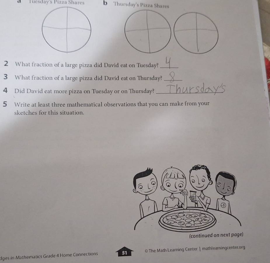 a Tuesday's Pizza Shares b Thursday's Pizza Shares 
2 What fraction of a large pizza did David eat on Tuesday?_ 
3 What fraction of a large pizza did David eat on Thursday?_ 
4 Did David eat more pizza on Tuesday or on Thursday?_ 
5 Write at least three mathematical observations that you can make from your 
sketches for this situation. 
(continued on next page) 
dges in Mathematics Grade 4 Home Connections 51 © The Math Learning Center | mathlearningcenter.org