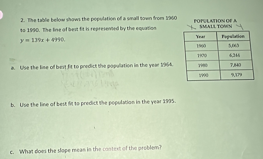 The table below shows the population of a small town from 1960 POPULATION OF A 
to 1990. The line of best fit is represented by the equation SMALL TOWN
y=139x+4990. 
a. Use the line of best fit to predict the population in the year 1964. 
b. Use the line of best fit to predict the population in the year 1995. 
c. What does the slope mean in the context of the problem?