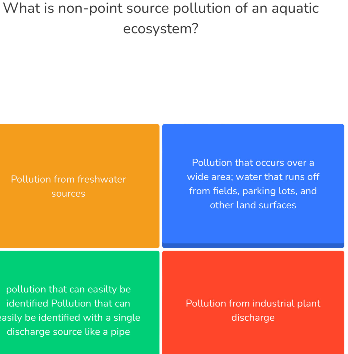 What is non-point source pollution of an aquatic
ecosystem?
Pollution that occurs over a
Pollution from freshwater wide area; water that runs off
sources
from fields, parking lots, and
other land surfaces
pollution that can easilty be
identified Pollution that can Pollution from industrial plant
easily be identified with a single discharge
discharge source like a pipe