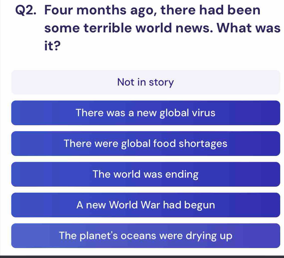 Four months ago, there had been
some terrible world news. What was
it?
Not in story
There was a new global virus
There were global food shortages
The world was ending
A new World War had begun
The planet's oceans were drying up