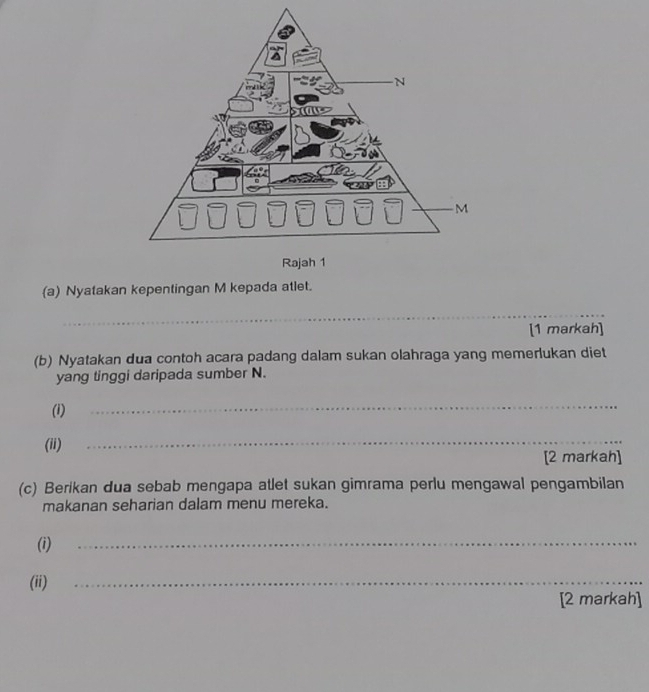 Nyatakan kepentingan M kepada atlet. 
_ 
[1 markah] 
(b) Nyatakan dua contoh acara padang dalam sukan olahraga yang memerlukan diet 
yang tinggi daripada sumber N. 
(i) 
_ 
(ii) 
_ 
[2 markah] 
(c) Berikan dua sebab mengapa atlet sukan gimrama perlu mengawal pengambilan 
makanan seharian dalam menu mereka. 
(i) 
_ 
(ii) 
_ 
[2 markah]