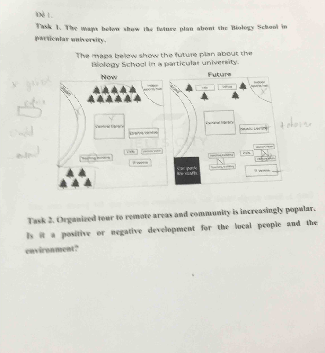 Task I. The maps below show the future plan about the Biology School in 
particular university. 
The maps below show the future plan about the 
Biology School in a particular university. 
Task 2. Organized tour to remote areas and community is increasingly popular. 
ls it a positive or negative development for the local people and the 
environment?