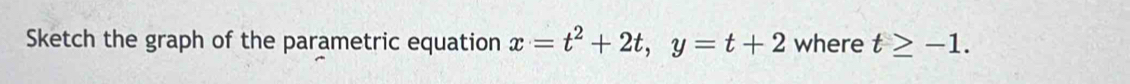 Sketch the graph of the parametric equation x=t^2+2t, y=t+2 where t≥ -1.