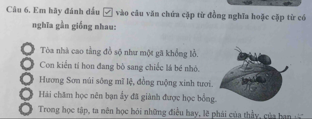 Em hãy đánh dấu ễ vào câu văn chứa cặp từ đồng nghĩa hoặc cặp từ có 
nghĩa gần giống nhau: 
Tòa nhà cao tầng đồ sộ như một gã khổng lồ. 
Con kiến tí hon đang bò sang chiếc lá bé nhỏ. 
Hương Sơn núi sông mĩ lệ, đồng ruộng xinh tươi. 
Hải chăm học nên bạn ấy đã giành được học bổng 
Trong học tập, ta nên học hỏi những điều hay, lẽ phải của thầy, của b an