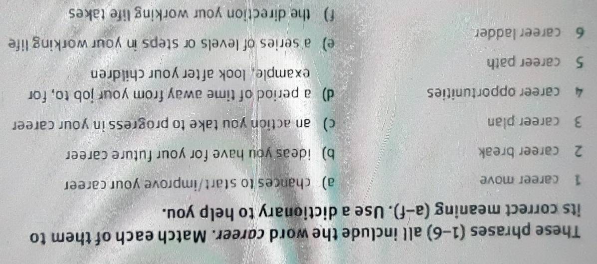 These phrases (1-6) all include the word career. Match each of them to 
its correct meaning (a-f). Use a dictionary to help you. 
1 career move a) chances to start/improve your career 
2 career break b) ideas you have for your future career 
3 career plan c) an action you take to progress in your career 
4 career opportunities d) a period of time away from your job to, for 
example, look after your children 
5 career path 
e) a series of levels or steps in your working life 
6 career ladder 
f) the direction your working life takes