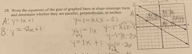 Write the equations of the pair of graphed lines in slope-intercept form 
and determine whether they are parallel, perpendicular, or neither.