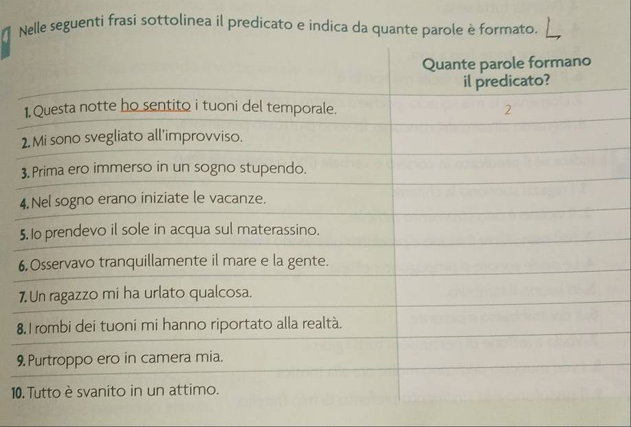 Nelle seguenti frasi sottolinea il predicato e indica da quante parole è formato.
5
6
7
8
9
1