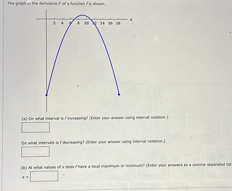 The graph of the derivative f' of a function f is shown. 
(a) On what interval is f increasing? (Enter your answer using interval notation.) 
On what intervals is f decreasing? (Enter your answer using interval notation.) 
(b) At what values of x does f have a local maximum or minimum? (Enter your answers as a comma-separated list