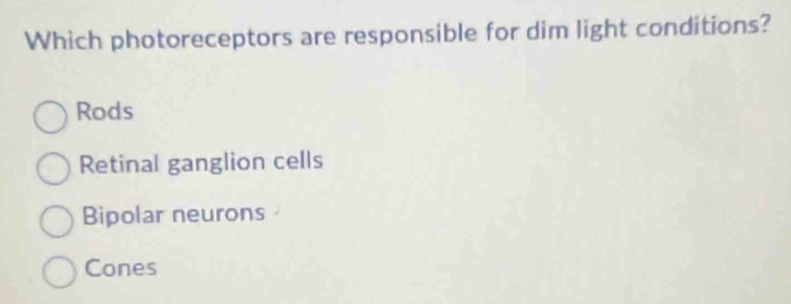 Which photoreceptors are responsible for dim light conditions?
Rods
Retinal ganglion cells
Bipolar neurons
Cones