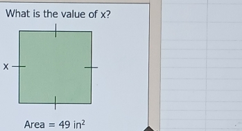 What is the value of x?
Area =49in^2