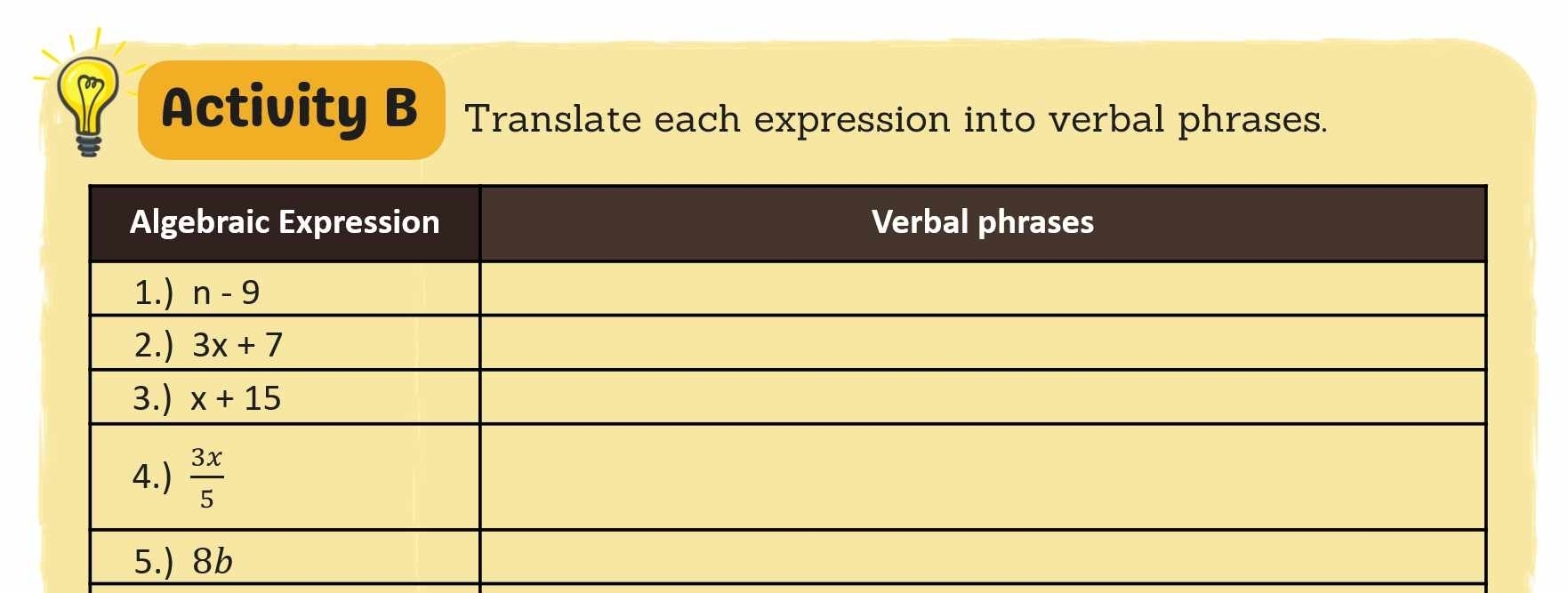 Activity B Translate each expression into verbal phrases.