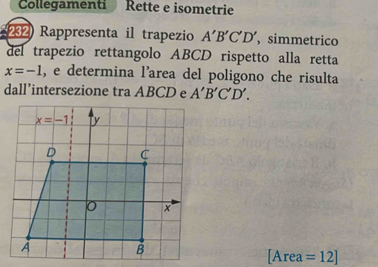 Collegamenti Rette e isometrie
282 Rappresenta il trapezio A'B'C'D' , simmetrico
del trapezio rettangolo ABCD rispetto alla retta
x=-1 , e determina l'area del poligono che risulta
dall’intersezione tra ABCD e A'B'C'D'.
[Area =12]