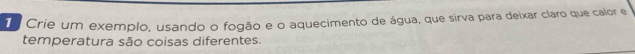 Ia Crie um exemplo, usando o fogão e o aquecimento de água, que sirva para deixar claro que calor e 
temperatura são coisas diferentes.