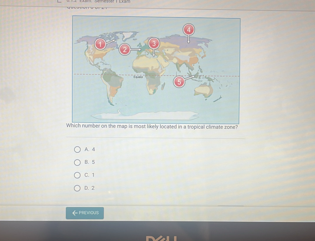 Semester 1 Exam
A. 4
B. 5
C. 1
D. 2
PREVIOUS