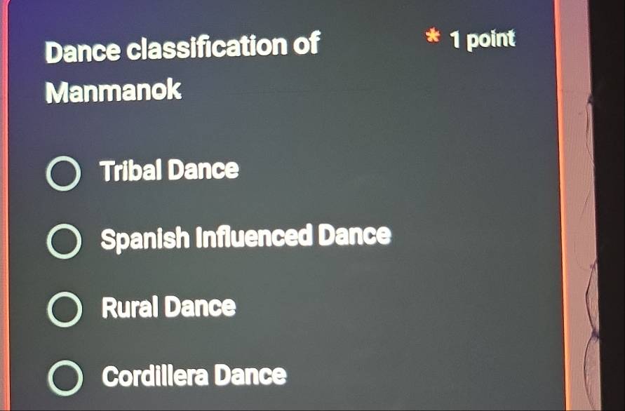 Dance classification of 1 point
Manmanok
Tribal Dance
Spanish Influenced Dance
Rural Dance
Cordillera Dance