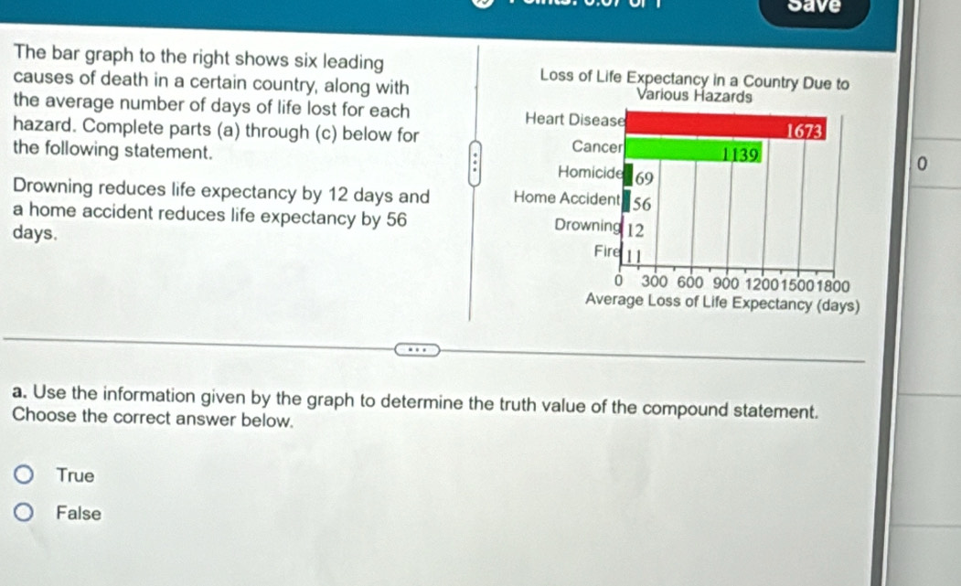 save
The bar graph to the right shows six leading Loss of Life Expectancy in a Country Due to
causes of death in a certain country, along with Various Hazards
the average number of days of life lost for each Heart D
hazard. Complete parts (a) through (c) below for 
the following statement. Ho
8
0
Drowning reduces life expectancy by 12 days and Home Ac
a home accident reduces life expectancy by 56 Dr
days.
Average Loss of Life Expectancy (days)
a. Use the information given by the graph to determine the truth value of the compound statement.
Choose the correct answer below.
True
False