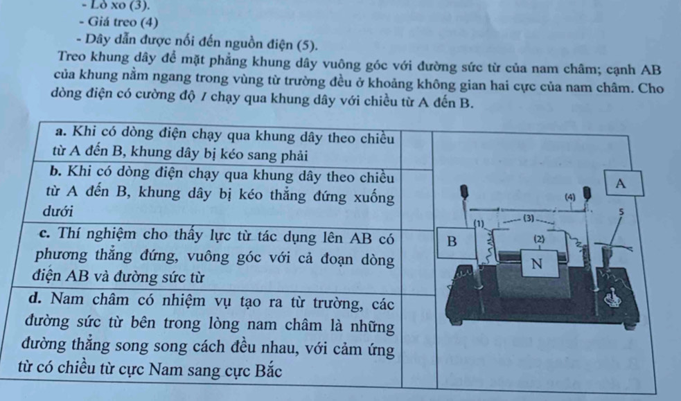 Lð xo (3). 
- Giá treo (4) 
- Dây dẫn được nối đến nguồn điện (5). 
Treo khung dây để mặt phẳng khung dây vuông góc với đường sức từ của nam châm; cạnh AB 
của khung nằm ngang trong vùng từ trường đều ở khoảng không gian hai cực của nam châm. Cho 
dòng điện có cường độ / chạy qua khung dây với chiều từ A đến B.