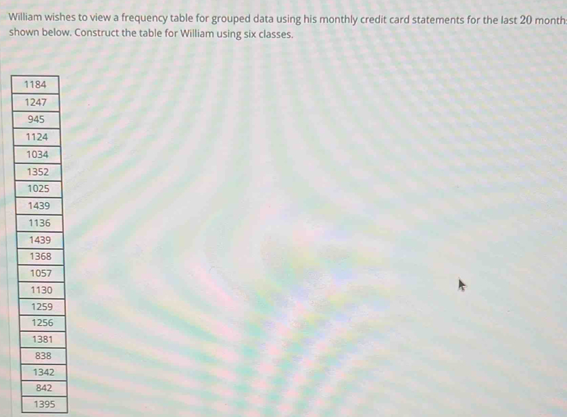 William wishes to view a frequency table for grouped data using his monthly credit card statements for the last 20 month
shown below. Construct the table for William using six classes.
1184
1247
945
1124
1034
1352
1025
1439
1136
1439
1368
1057
1130
1259
1256
1381
838
1342
842
1395