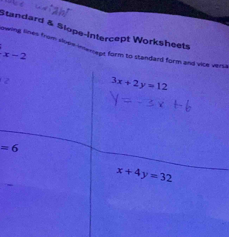 Standard & Slope-Intercept Worksheets 
Owing lines from slope intercept form to standard form and vice versa
x-2
3x+2y=12
=6
x+4y=32