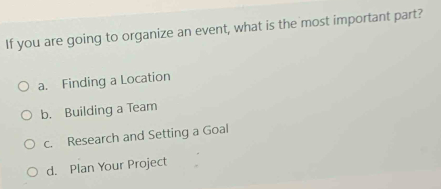 If you are going to organize an event, what is the most important part?
a. Finding a Location
b. Building a Team
c. Research and Setting a Goal
d. Plan Your Project