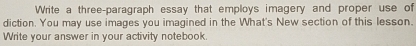 Write a three-paragraph essay that employs imagery and proper use of 
diction. You may use images you imagined in the What's New section of this lesson. 
Write your answer in your activity notebook.