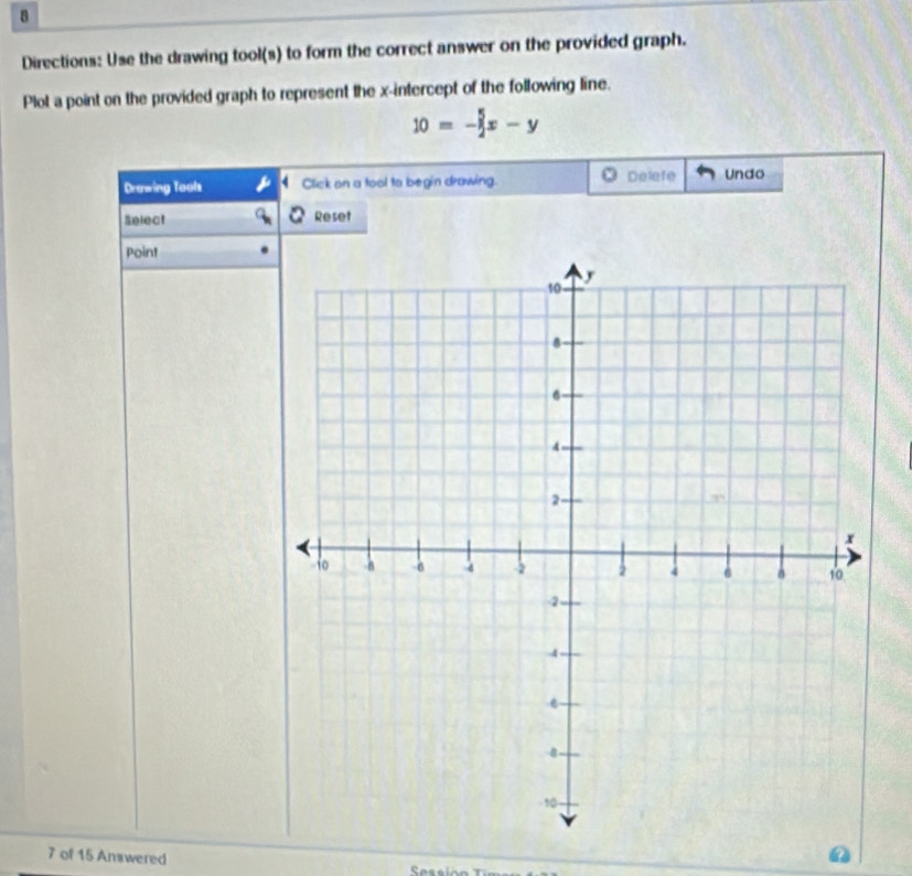 Directions: Use the drawing tool(s) to form the correct answer on the provided graph. 
Plot a point on the provided graph to represent the x-intercept of the following line.
10=- 5/2 x-y
Drawing Tools Click on a tool to begin drawing. Delefe Undo 
Select Reset 
Point 
7 of 15 Answered