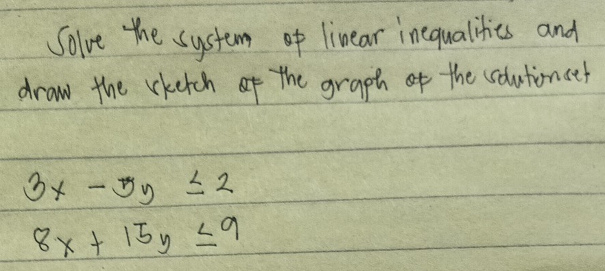 Solve the system of linear inequalities and
draw the cketchf the graph of the colutioncet
3x-5y≤ 2
8x+15y≤ 9