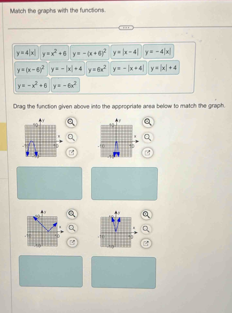 Match the graphs with the functions.
y=4|x| y=x^2+6 y=-(x+6)^2 y=|x-4| y=-4|x|
y=(x-6)^2 y=-|x|+4 y=6x^2 y=-|x+4| y=|x|+4
y=-x^2+6 y=-6x^2
Drag the function given above into the appropriate area below to match the graph.