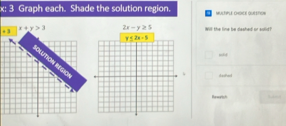 x: 3 Graph each. Shade the solution region. a MULTIPLE CHOICE QUESTION
+ 3 x+y>3
2x-y≥ 5 Will the line be dashed or solid?
solid
OLUTION REGIO
dashed
Rewatsh Sukent