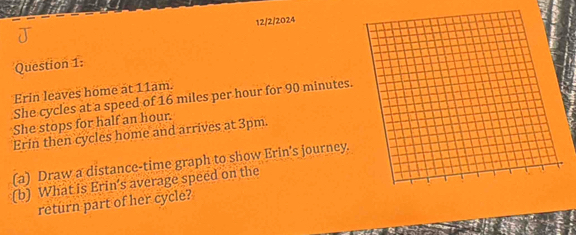 12/2/2024 
J 
Question 1: 
Erin leaves home at 11am. 
She cycles at a speed of 16 miles per hour for 90 minutes. 
She stops for half an hour. 
Erin then cycles home and arrives at 3pm. 
(a) Draw a distance-time graph to show Erin's journey. 
(b) What is Erin’s average speed on the 
return part of her cycle?