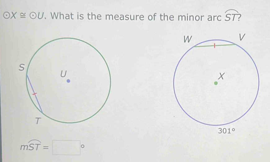 odot X≌ odot U. What is the measure of the minor arc widehat ST I
mwidehat ST=□°