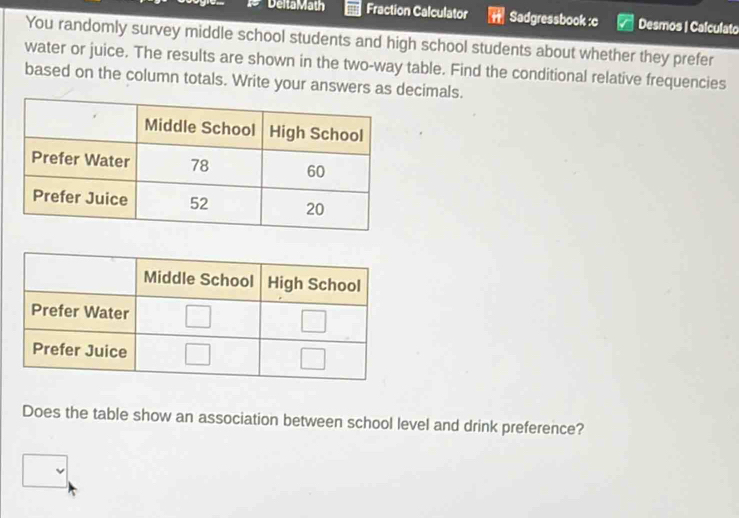 Delta Math Fraction Calculator Sadgressbook :c Desmos | Calculato 
You randomly survey middle school students and high school students about whether they prefer 
water or juice. The results are shown in the two-way table. Find the conditional relative frequencies 
based on the column totals. Write your answers as decimals. 
Does the table show an association between school level and drink preference?