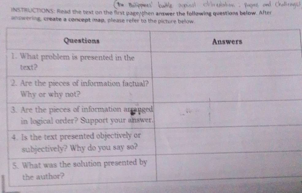 INSTRUCTIONS: Read the text on the first page then answer the following questions below. After 
answering, create a concept map, please refer to the picture b