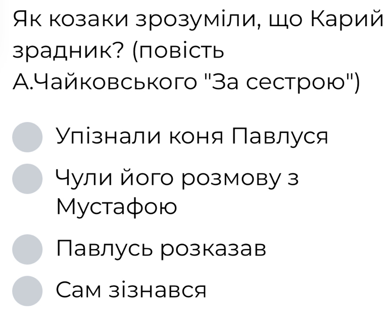 Άκ козаки зрозумίли, Шо Κарий
зрадник? (повість
A.Чайковського ''За сестрοю'')
Υлізнали коня Πавлуся
ули його розмову з
Myctaфοю
Павлусь розказав
Cam зiзнався