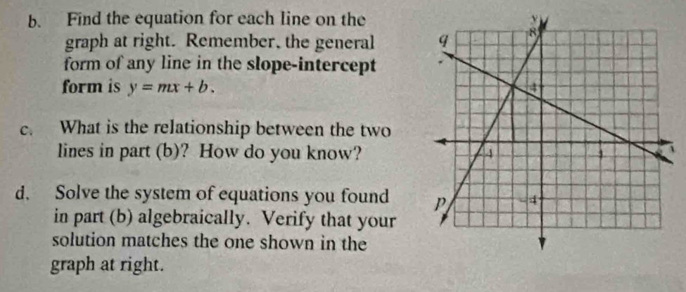 Find the equation for each line on the 
graph at right. Remember, the general 
form of any line in the slope-intercept 
form is y=mx+b. 
c. What is the relationship between the two 
lines in part (b)? How do you know? 
d. Solve the system of equations you found 
in part (b) algebraically. Verify that your 
solution matches the one shown in the 
graph at right.