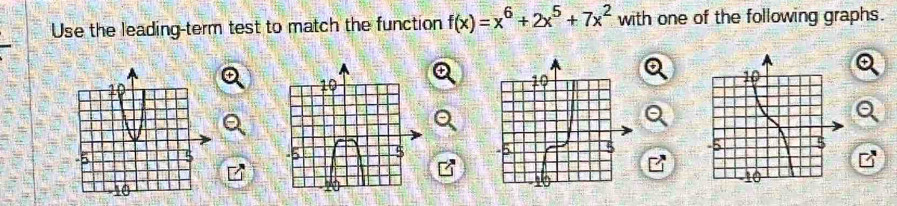 Use the leading-term test to match the function f(x)=x^6+2x^5+7x^2 with one of the following graphs.