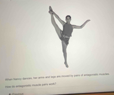 When Nancy dances, her arms and legs are moved by pairs of antagonistic muscles. 
How do antagonistic muscle pairs work? 
F Previous