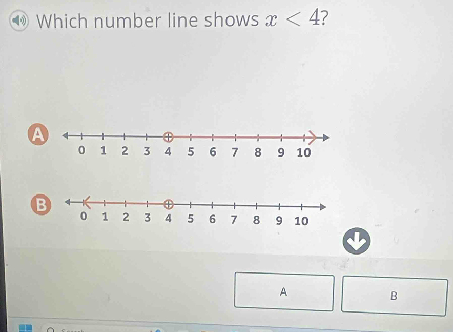 Which number line shows x<4</tex> 2 
B 
A 
B