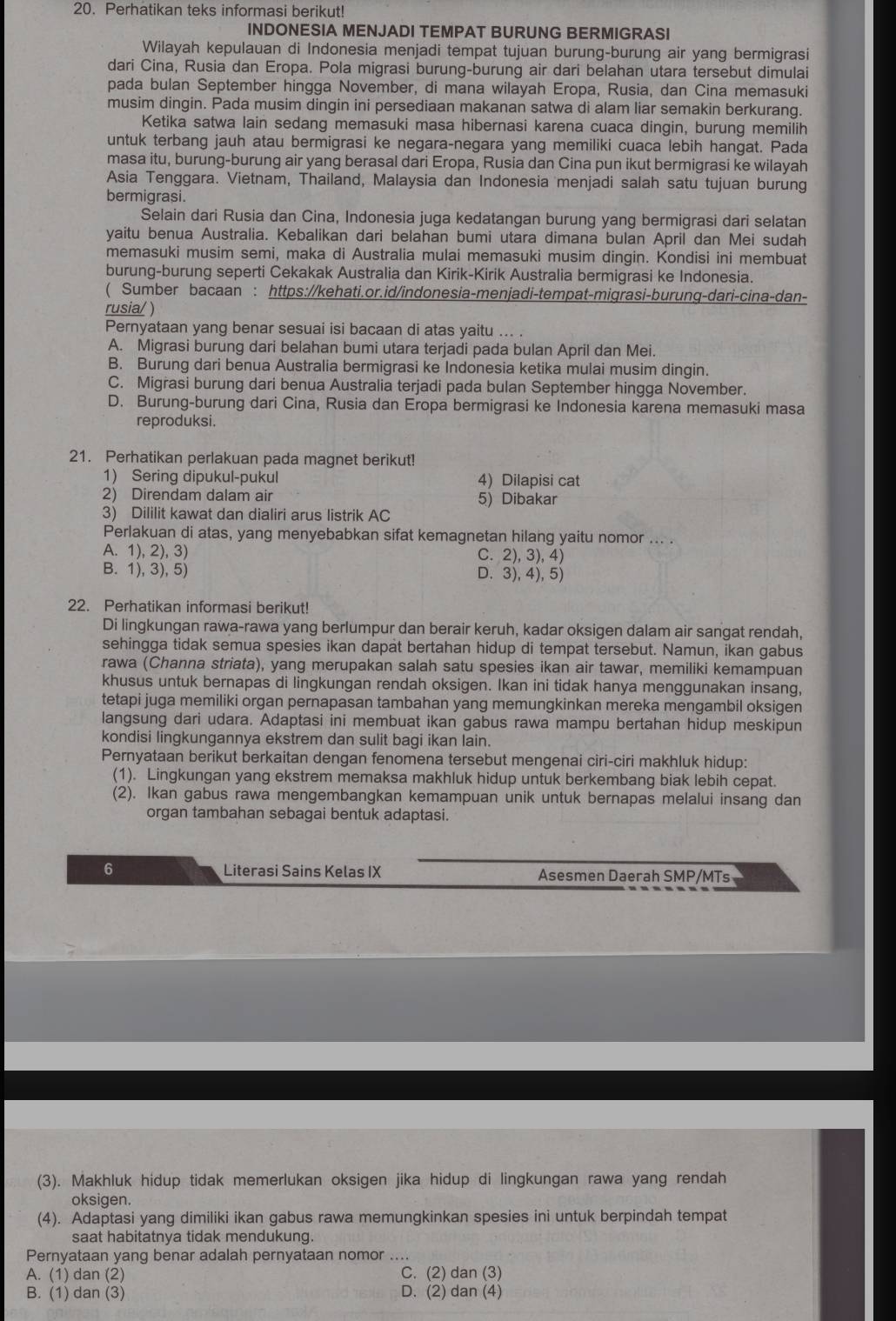 Perhatikan teks informasi berikut!
INDONESIA MENJADI TEMPAT BURUNG BERMIGRASI
Wilayah kepulauan di Indonesia menjadi tempat tujuan burung-burung air yang bermigrasi
dari Cina, Rusia dan Eropa. Pola migrasi burung-burung air dari belahan utara tersebut dimulai
pada bulan September hingga November, di mana wilayah Eropa, Rusia, dan Cina memasuki
musim dingin. Pada musim dingin ini persediaan makanan satwa di alam liar semakin berkurang.
Ketika satwa lain sedang memasuki masa hibernasi karena cuaca dingin, burung memilih
untuk terbang jauh atau bermigrasi ke negara-negara yang memiliki cuaca lebih hangat. Pada
masa itu, burung-burung air yang berasal dari Eropa, Rusia dan Cina pun ikut bermigrasi ke wilayah
Asia Tenggara. Vietnam, Thailand, Malaysia dan Indonesia menjadi salah satu tujuan burung
bermigrasi.
Selain dari Rusia dan Cina, Indonesia juga kedatangan burung yang bermigrasi dari selatan
yaitu benua Australia. Kebalikan dari belahan bumi utara dimana bulan April dan Mei sudah
memasuki musim semi, maka di Australia mulai memasuki musim dingin. Kondisi ini membuat
burung-burung seperti Cekakak Australia dan Kirik-Kirik Australia bermigrasi ke Indonesia.
( Sumber bacaan : https://kehati.or.id/indonesia-menjadi-tempat-migrasi-burung-dari-cina-dan-
rusia/ )
Pernyataan yang benar sesuai isi bacaan di atas yaitu ... .
A. Migrasi burung dari belahan bumi utara terjadi pada bulan April dan Mei.
B. Burung dari benua Australia bermigrasi ke Indonesia ketika mulai musim dingin.
C. Migrasi burung dari benua Australia terjadi pada bulan September hingga November.
D. Burung-burung dari Cina, Rusia dan Eropa bermigrasi ke Indonesia karena memasuki masa
reproduksi.
21. Perhatikan perlakuan pada magnet berikut!
1) Sering dipukul-pukul 4) Dilapisi cat
2) Direndam dalam air 5) Dibakar
3) Dililit kawat dan dialiri arus listrik AC
Perlakuan di atas, yang menyebabkan sifat kemagnetan hilang yaitu nomor ... .
A. 1), 2), 3) C. 2),3), 4)
B. 1), 3), 5) D. 3), 4), 5)
22. Perhatikan informasi berikut!
Di lingkungan rawa-rawa yang berlumpur dan berair keruh, kadar oksigen dalam air sangat rendah,
sehingga tidak semua spesies ikan dapat bertahan hidup di tempat tersebut. Namun, ikan gabus
rawa (Channa striata), yang merupakan salah satu spesies ikan air tawar, memiliki kemampuan
khusus untuk bernapas di lingkungan rendah oksigen. Ikan ini tidak hanya menggunakan insang,
tetapi juga memiliki organ pernapasan tambahan yang memungkinkan mereka mengambil oksigen
langsung dari udara. Adaptasi ini membuat ikan gabus rawa mampu bertahan hidup meskipun
kondisi lingkungannya ekstrem dan sulit bagi ikan lain.
Pernyataan berikut berkaitan dengan fenomena tersebut mengenai ciri-ciri makhluk hidup:
(1). Lingkungan yang ekstrem memaksa makhluk hidup untuk berkembang biak lebih cepat.
(2). Ikan gabus rawa mengembangkan kemampuan unik untuk bernapas melalui insang dan
organ tambahan sebagai bentuk adaptasi.
6 Literasi Sains Kelas IX Asesmen Daerah SMP/MTs
(3). Makhluk hidup tidak memerlukan oksigen jika hidup di lingkungan rawa yang rendah
oksigen.
(4). Adaptasi yang dimiliki ikan gabus rawa memungkinkan spesies ini untuk berpindah tempat
saat habitatnya tidak mendukung.
Pernyataan yang benar adalah pernyataan nomor ....
A. (1) dan (2) C. (2) dan (3)
B. (1) dan (3) D. (2) dan (4)