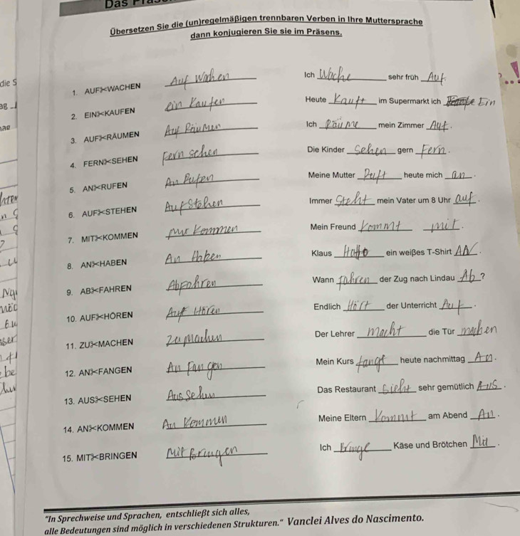 Das Pía 
Übersetzen Sie die (un)regelmäßigen trennbaren Verben in Ihre Muttersprache 
dann konjugieren Sie sie im Präsens. 
_ 
_Ich _sehr früh 
die S 
ag .1 1. AUFWACHEN_ 
Heute_ im Supermarkt ich 
_ 
2. EIN KAUFEN 
_Ich_ mein Zimmer_ 
3. AUFRAUMEN 
Die Kinder_ gern 
_ 
_ 
4、 FERN×SEHEN 
_ 
Meine Mutter_ heute mich _. 
_ 
5. ANXRUFEN 
_ 
_ 
Immer mein Vater um 8 Uhr_ 
6. AUFSTEHEN 
_ 
_ 
Mein Freund _. 
7. MIT KOMMEN 
_ 
_ 
Klaus _ein weißes T-Shirt_ 
8. AN HABEN 
_ 
Wann _der Zug nach Lindau _? 
9. ABFAHREN 
_ 
Endlich_ der Unterricht _. 
10. AUFæHOREN 
_ 
Der Lehrer _die Tür_ 
11. ZU