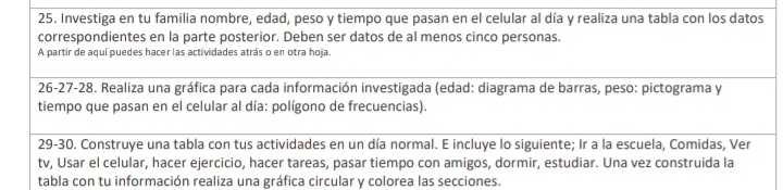 Investiga en tu familia nombre, edad, peso y tiempo que pasan en el celular al día y realiza una tabla con los datos 
correspondientes en la parte posterior. Deben ser datos de al menos cinco personas. 
A partir de aquí puedes hacer las actividades atrás o en otra hoja. 
26-27-28. Realiza una gráfica para cada información investigada (edad: diagrama de barras, peso: pictograma y 
tiempo que pasan en el celular al día: polígono de frecuencias). 
29-30. Construye una tabla con tus actividades en un día normal. E incluye lo siguiente; Ir a la escuela, Comidas, Ver 
tv, Usar el celular, hacer ejercicio, hacer tareas, pasar tiempo con amigos, dormir, estudiar. Una vez construida la 
tabla con tu información realiza una gráfica circular y colorea las secciones.