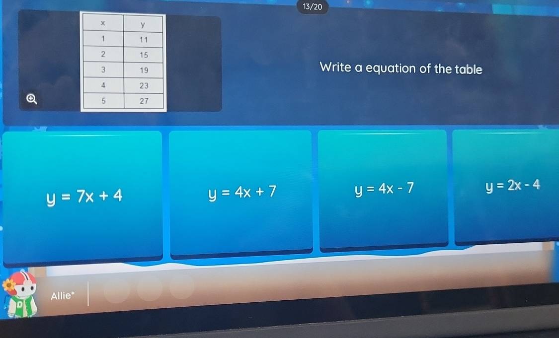 13/20
Write a equation of the table

y=7x+4
y=4x+7
y=4x-7
y=2x-4
Allie*