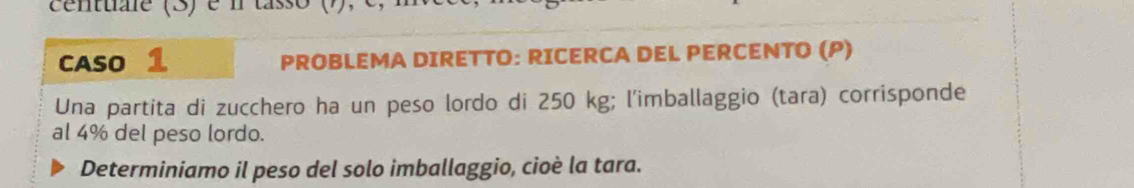 centuale (3) é n tass 
CASO 1 PROBLEMA DIRETTO: RICERCA DEL PERCENTO (P) 
Una partita di zucchero ha un peso lordo di 250 kg; l'imballaggio (tara) corrisponde 
al 4% del peso lordo. 
Determiniamo il peso del solo imballaggio, cioè la tara.