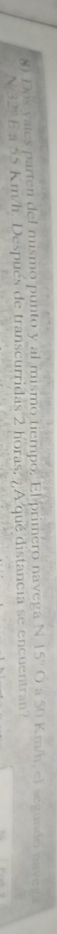 Dos vates parten del mismo punto y al mismo tiempo. El primero navega N 15°O a 50 Km/h, el segundo navega
N/32º E a 55 Km/h. Despues de transcurridas 2 horas, ¿A qué distancia se encuentran?
