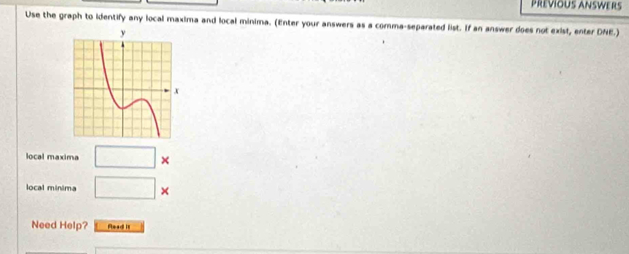 PREVIOUS ANSWERS 
Use the graph to identify any local maxima and local minima. (Enter your answers as a comma-separated list. If an answer does not exist, enter DNE.) 
local maxima □ *
local minima □ *
Need Help? Read it