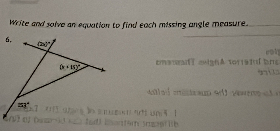 Write and solve an equation to find each missing angle measure.