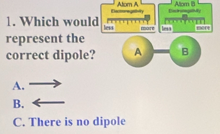 Atom A Atom B
Bash a 
1. Which would less more less more
represent the
correct dipole? A B
A.
B.
C. There is no dipole