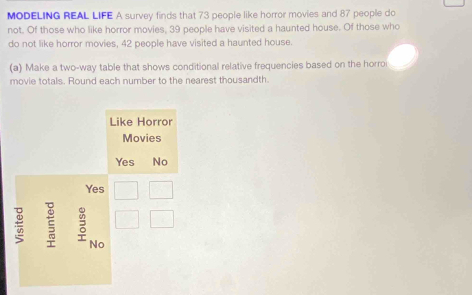 MODELING REAL LIFE A survey finds that 73 people like horror movies and 87 people do 
not. Of those who like horror movies, 39 people have visited a haunted house. Of those who 
do not like horror movies, 42 people have visited a haunted house. 
(a) Make a two-way table that shows conditional relative frequencies based on the horro 
movie totals. Round each number to the nearest thousandth.