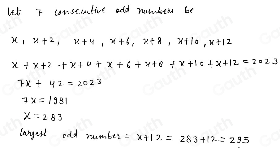 Solved: There are 7 consecutive odd numbers and the sum of them is 2023 ...